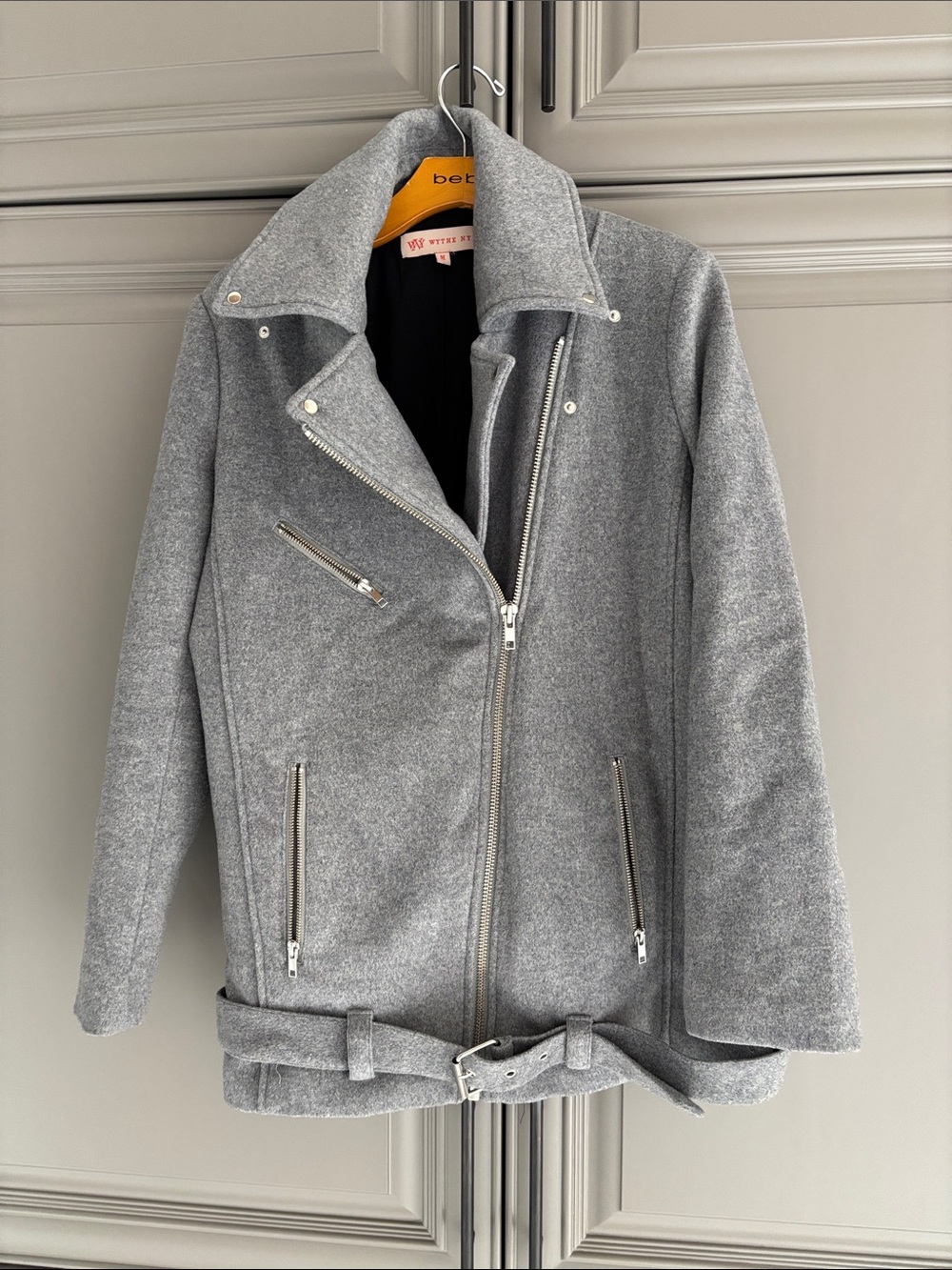 bebe Light Gray Wool-Blend Moto Jacket